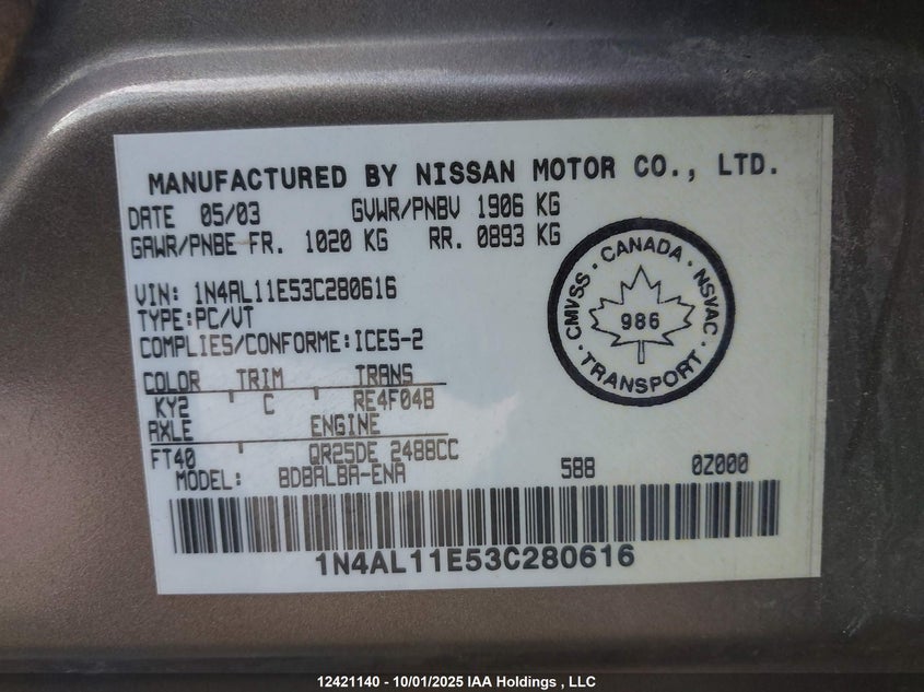 2003 Nissan Altima S/Sl VIN: 1N4AL11E53C280616 Lot: 12421140