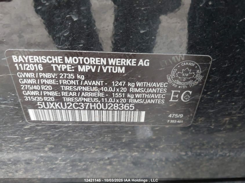 2017 BMW X6 xDrive35I VIN: 5UXKU2C37H0U28365 Lot: 12421145