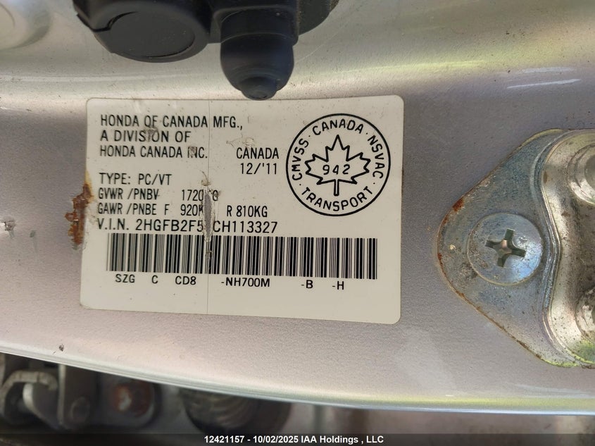 2HGFB2F58CH113327 2012 HONDA CIVIC photo no. 9