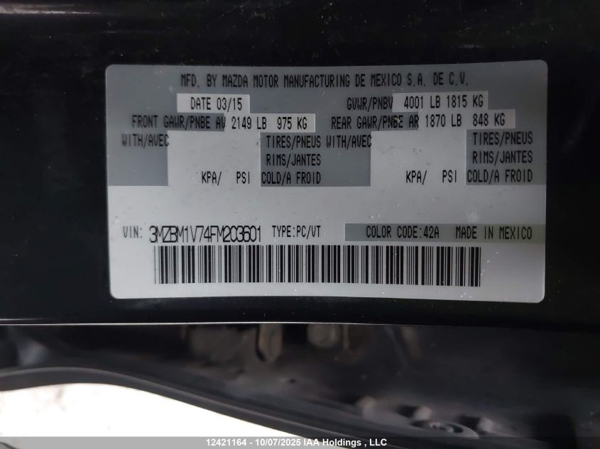 2015 Mazda Mazda3 Gs VIN: 3MZBM1V74FM203601 Lot: 12421164