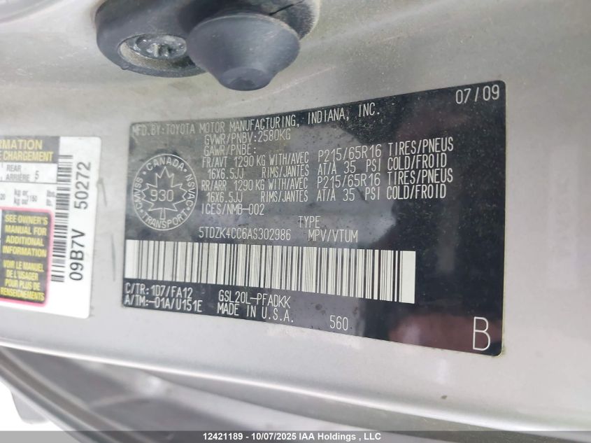 2010 Toyota Sienna Le V6 VIN: 5TDZK4CC6AS302986 Lot: 12421189