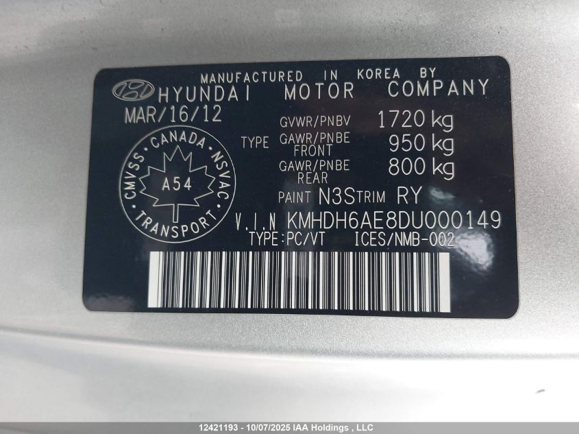 2013 Hyundai Elantra Se VIN: KMHDH6AE8DU000149 Lot: 12421193