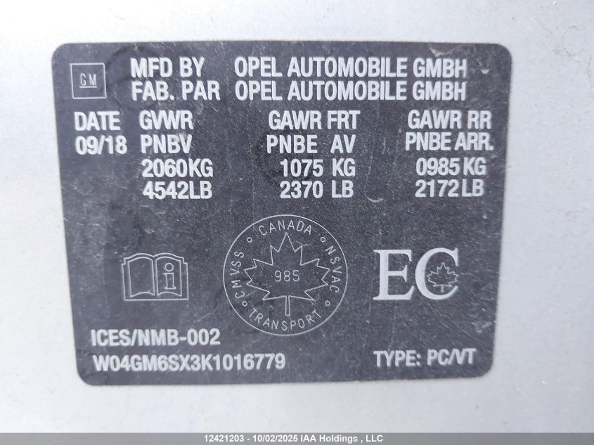 2019 Buick Regal Preferred Ii VIN: W04GM6SX3K1016779 Lot: 12421203