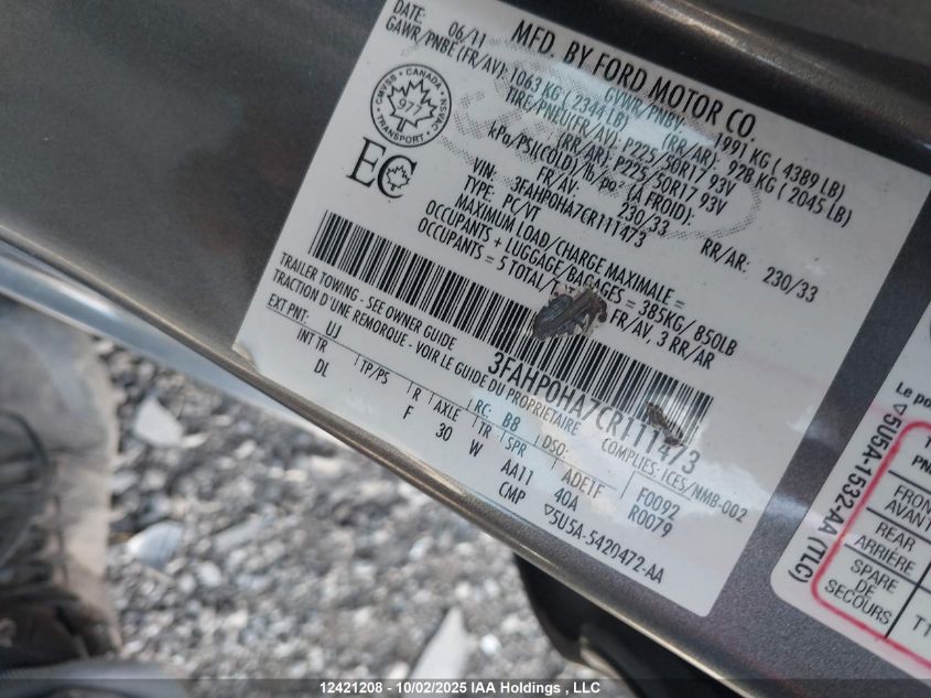 2012 Ford Fusion Se VIN: 3FAHP0HA7CR111473 Lot: 12421208