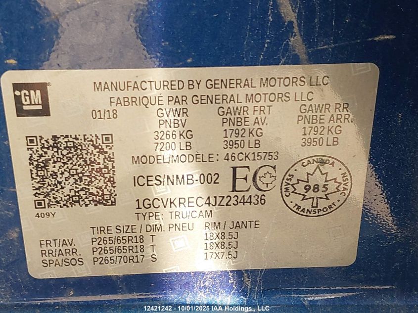 2018 Chevrolet Silverado K1500 Lt VIN: 1GCVKREC4JZ234436 Lot: 12421242