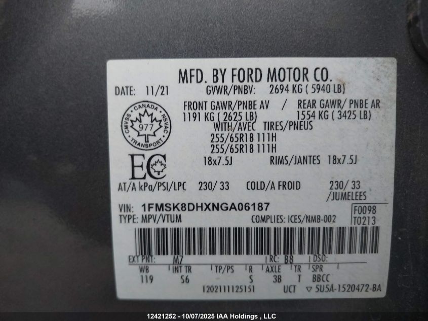 2022 Ford Explorer Xlt VIN: 1FMSK8DHXNGA06187 Lot: 12421252