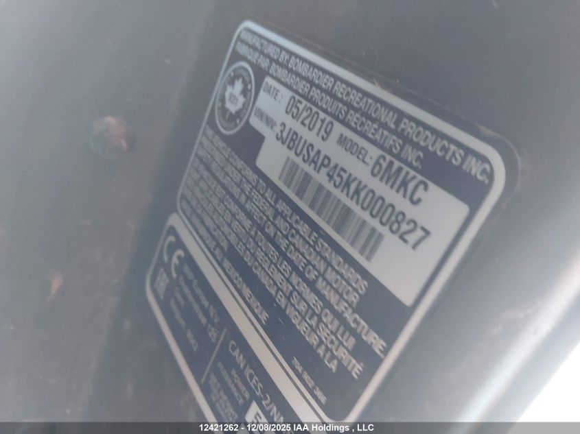 2019 Can-Am Defender Max Xt Cab Hd10 VIN: 3JBUSAP45KK000827 Lot: 12421262