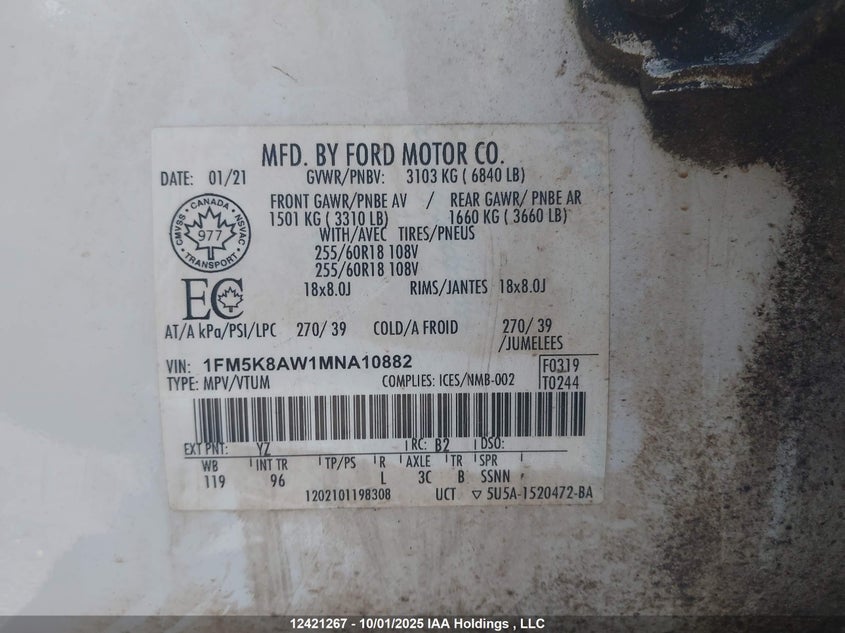 2021 Ford Police Interceptor VIN: 1FM5K8AW1MNA10882 Lot: 12421267