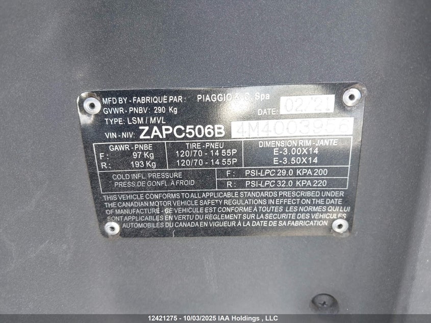 2021 Piaggio VIN: ZAPC506B4M4003956 Lot: 12421275