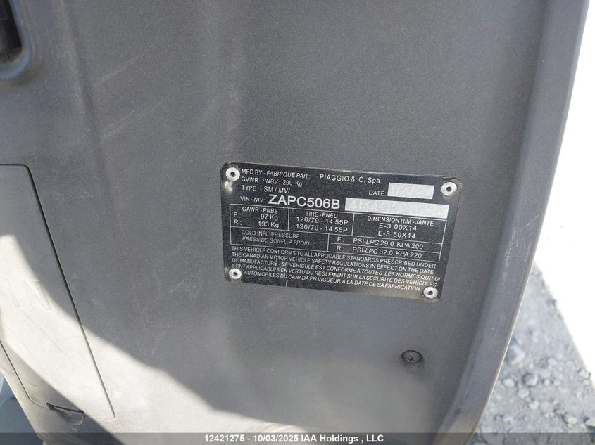 2021 Piaggio VIN: ZAPC506B4M4003956 Lot: 12421275