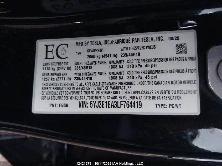 2020 Tesla Model 3 VIN: 5YJ3E1EA3LF764419 Lot: 12421278