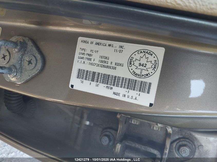 2008 Honda Accord Lx VIN: 1HGCP26328A806306 Lot: 12421279