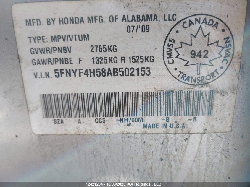 5FNYF4H58AB502153 2010 HONDA PILOT photo no. 9