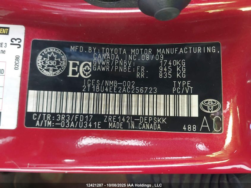 2010 Toyota Corolla S/Le/Xle VIN: 2T1BU4EE2AC256723 Lot: 12421287