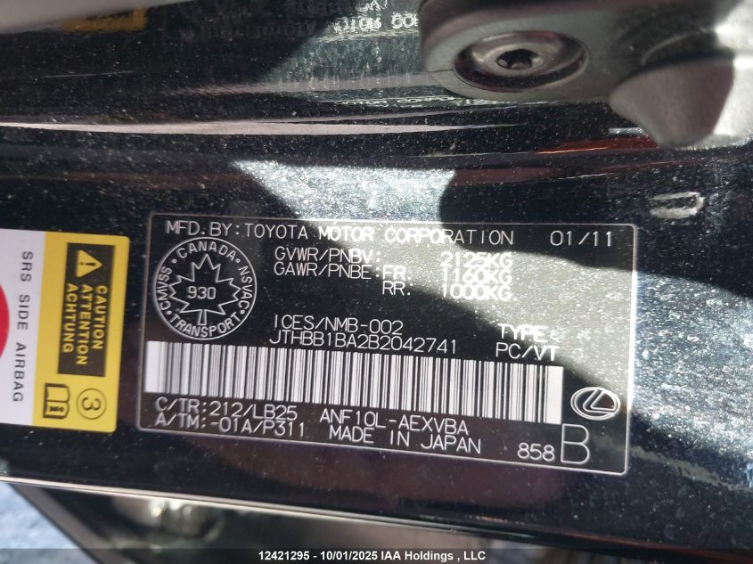 2011 Lexus Hs 250H VIN: JTHBB1BA2B2042741 Lot: 12421295