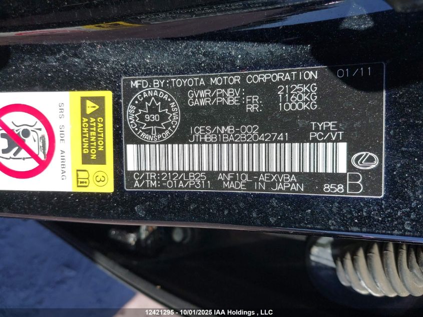 2011 Lexus Hs 250H VIN: JTHBB1BA2B2042741 Lot: 12421295