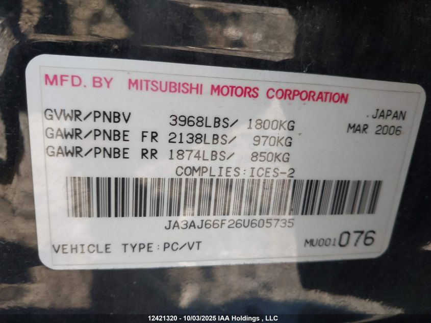 2006 Mitsubishi Lancer Ralliart VIN: JA3AJ66F26U605735 Lot: 12421320