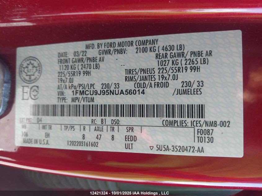 2022 Ford Escape Titanium VIN: 1FMCU9J95NUA56014 Lot: 12421324