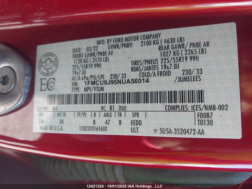 2022 Ford Escape Titanium VIN: 1FMCU9J95NUA56014 Lot: 12421324