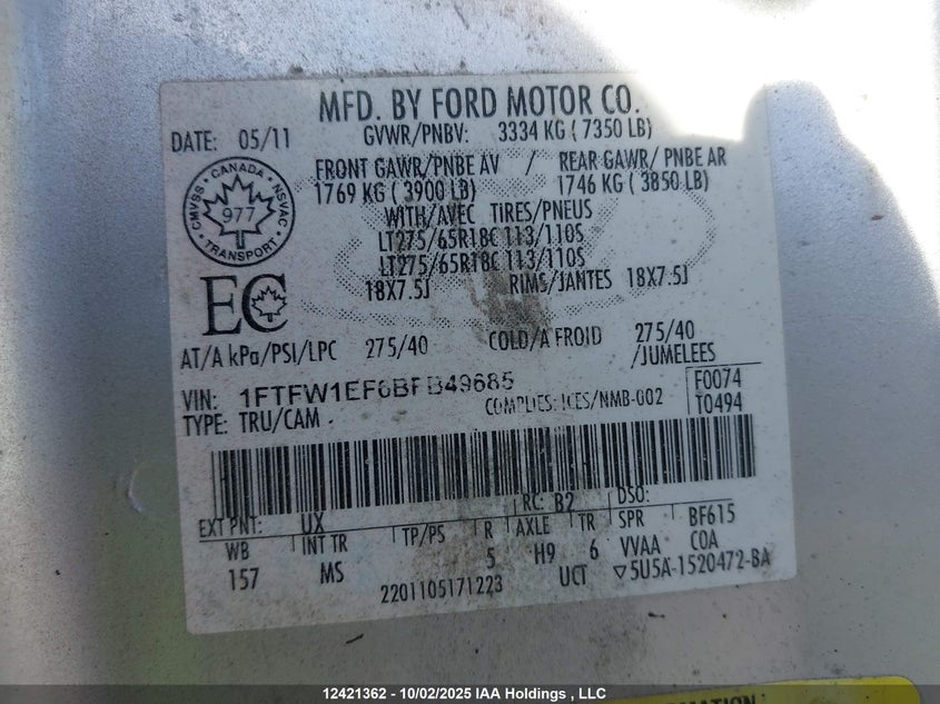 1FTFW1EF6BFB49685 2011 FORD F-150 photo no. 9