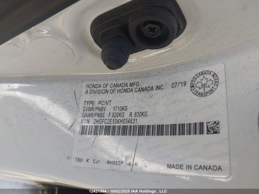 2019 Honda Civic Lx VIN: 2HGFC2E50KH034831 Lot: 12421384