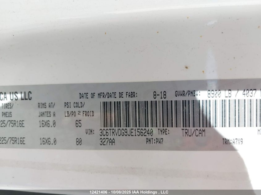 2018 Ram Promaster 2500 2500 High VIN: 3C6TRVDG9JE156240 Lot: 12421406