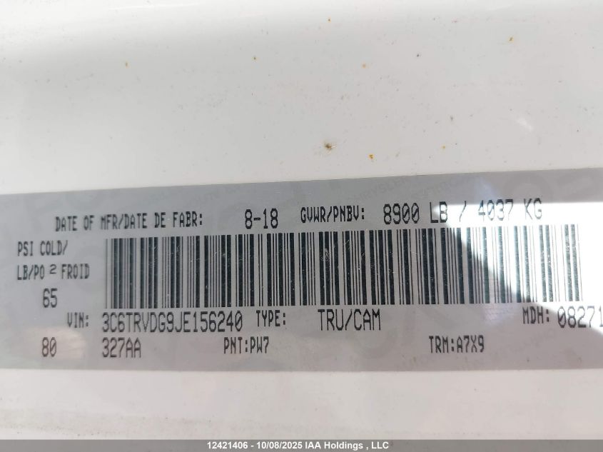 2018 Ram Promaster 2500 2500 High VIN: 3C6TRVDG9JE156240 Lot: 12421406