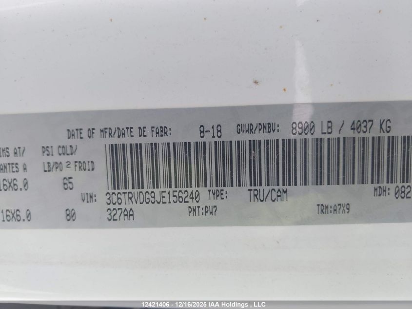 2018 Ram Promaster 2500 2500 High VIN: 3C6TRVDG9JE156240 Lot: 12421406