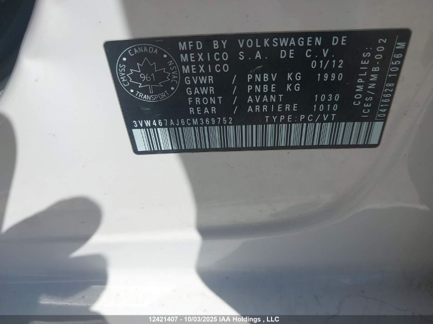 2012 Volkswagen Jetta Gli VIN: 3VW467AJ6CM369752 Lot: 12421407