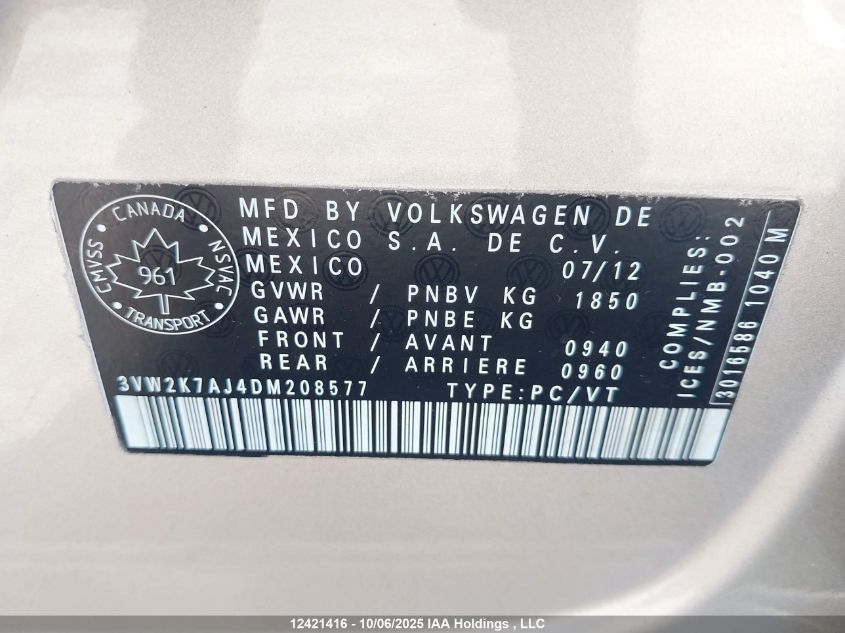 2013 Volkswagen Jetta S VIN: 3VW2K7AJ4DM208577 Lot: 12421416