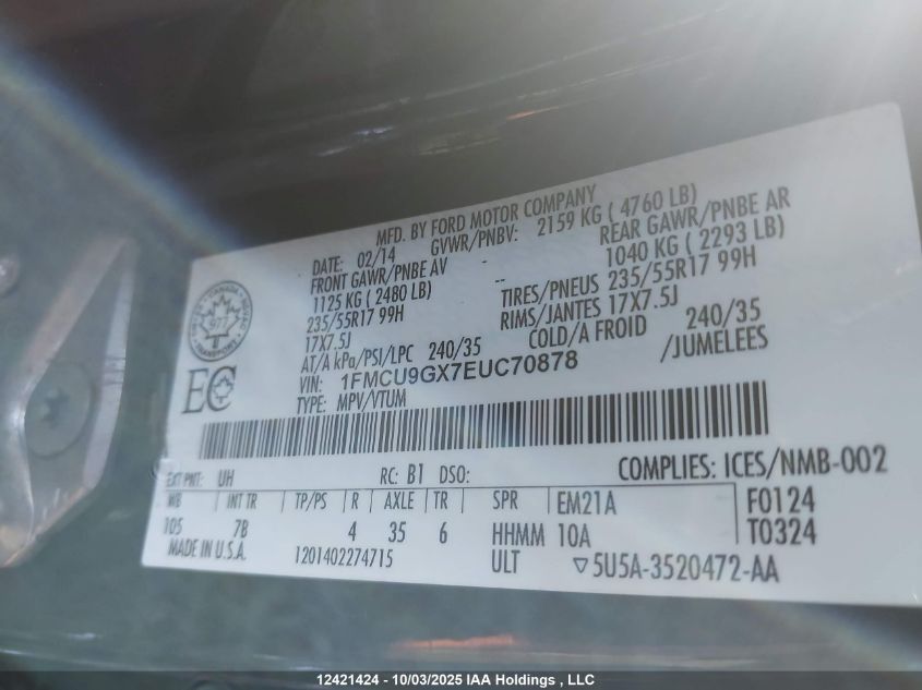 2014 Ford Escape Se VIN: 1FMCU9GX7EUC70878 Lot: 12421424