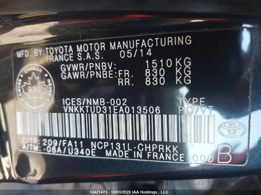 2014 Toyota Yaris VIN: VNKKTUD31EA013506 Lot: 12421473