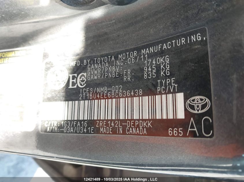 2011 Toyota Corolla VIN: 2T1BU4EE6BC636438 Lot: 12421489