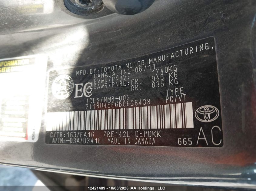 2011 Toyota Corolla VIN: 2T1BU4EE6BC636438 Lot: 12421489