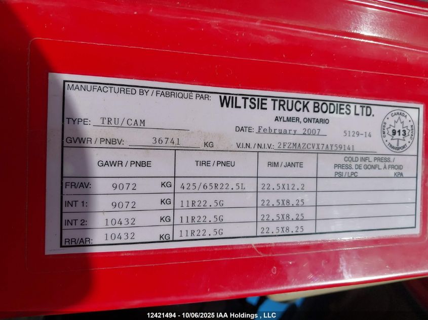 2007 Sterling Truck Lt 9500 VIN: 2FZMAZCVX7AY59141 Lot: 12421494