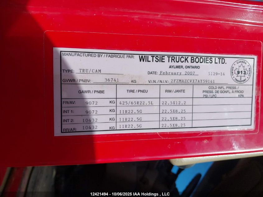 2007 Sterling Truck Lt 9500 VIN: 2FZMAZCVX7AY59141 Lot: 12421494