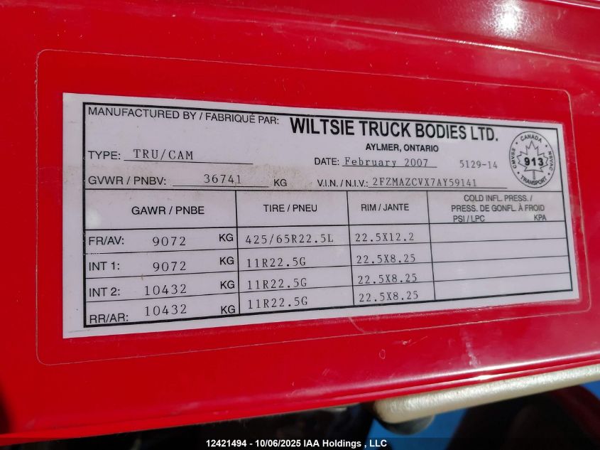 2007 Sterling Truck Lt 9500 VIN: 2FZMAZCVX7AY59141 Lot: 12421494