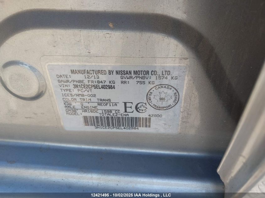 2014 Nissan Versa Note 1.6 S/1.6 Sl/1.6 Sv VIN: 3N1CE2CP5EL402984 Lot: 12421495