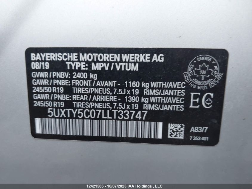 2020 BMW X3 xDrive30I VIN: 5UXTY5C07LLT33747 Lot: 12421505