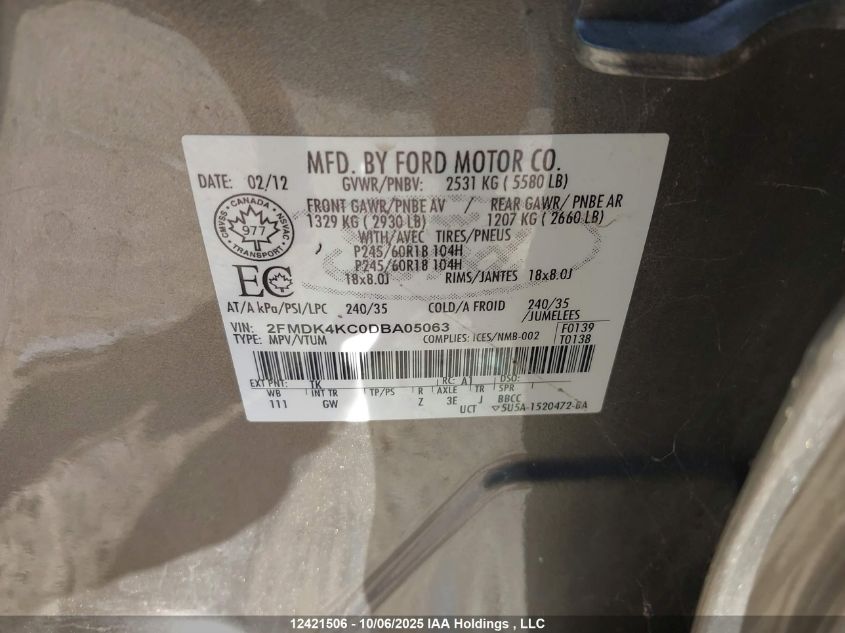 2013 Ford Edge Limited VIN: 2FMDK4KC0DBA05063 Lot: 12421506