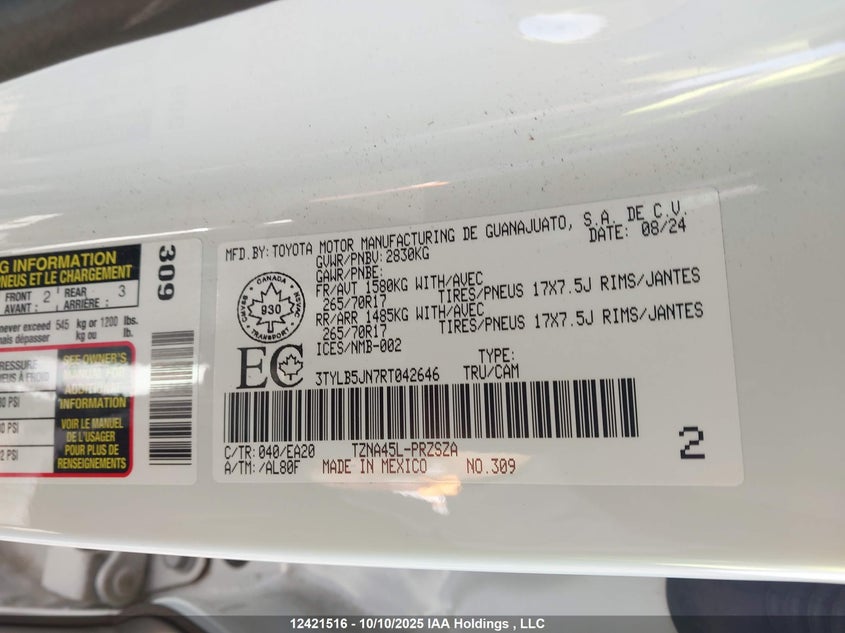 2024 Toyota Tacoma Double Cab/Sr5/Trd Sport/Trd Off Road/Ltd VIN: 3TYLB5JN7RT042646 Lot: 12421516