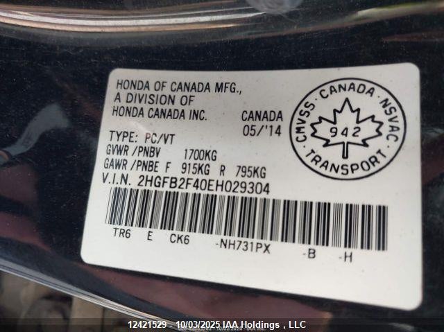 2014 Honda Civic Lx VIN: 2HGFB2F40EH029304 Lot: 12421529