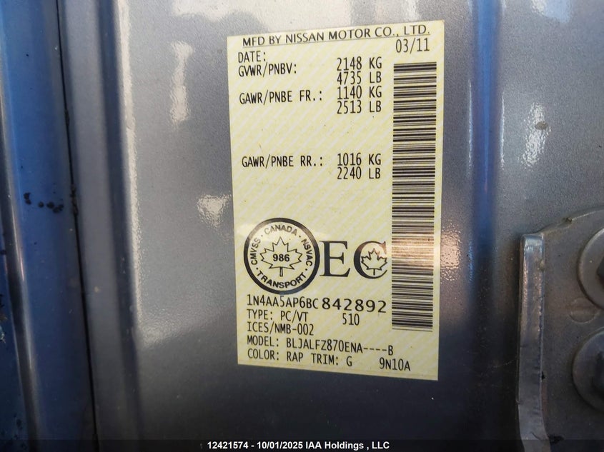 2011 Nissan Maxima S/Sv VIN: 1N4AA5AP6BC842892 Lot: 12421574