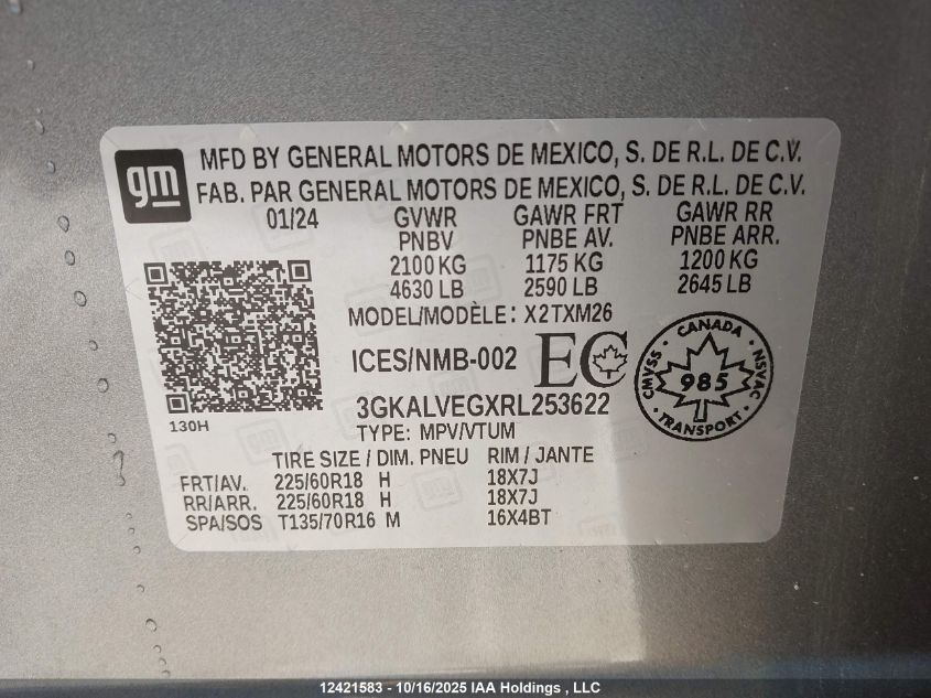 2024 GMC Terrain Slt VIN: 3GKALVEGXRL253622 Lot: 12421583