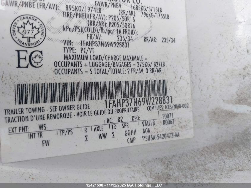 2009 Ford Focus Sel VIN: 1FAHP37N69W228831 Lot: 12421598