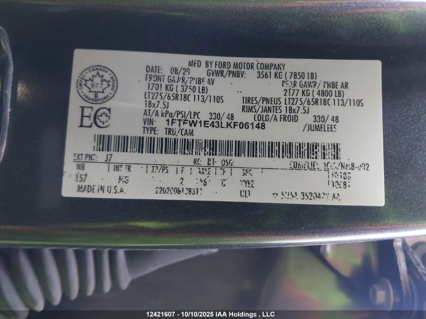2020 Ford F-150 Xlt VIN: 1FTFW1E43LKF06148 Lot: 12421607