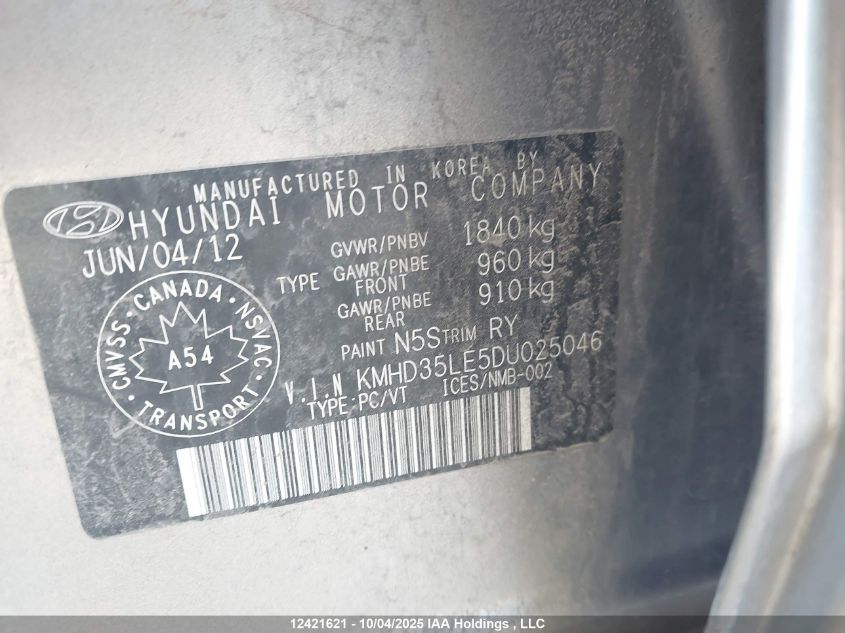 2013 Hyundai Elantra Gt VIN: KMHD35LE5DU025046 Lot: 12421621