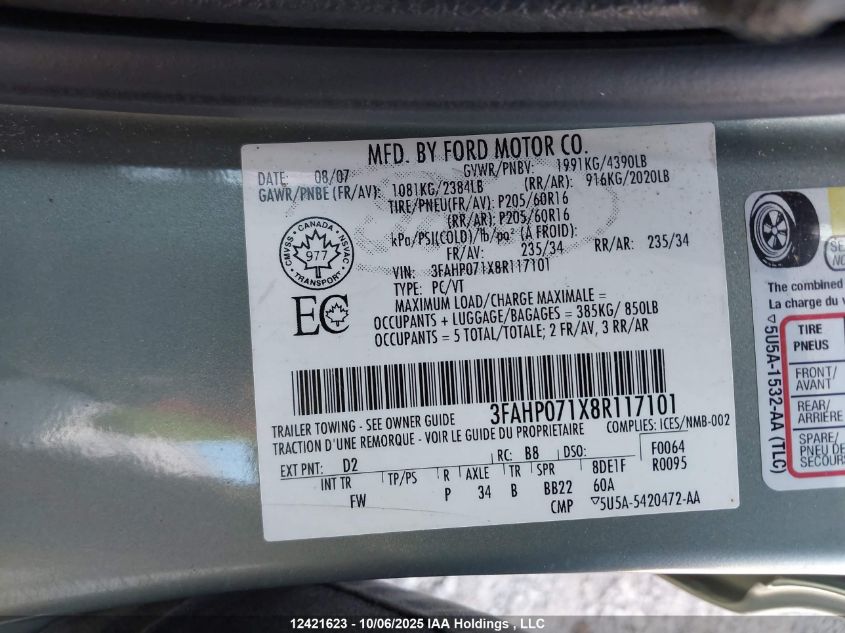 2008 Ford Fusion Se VIN: 3FAHP071X8R117101 Lot: 12421623