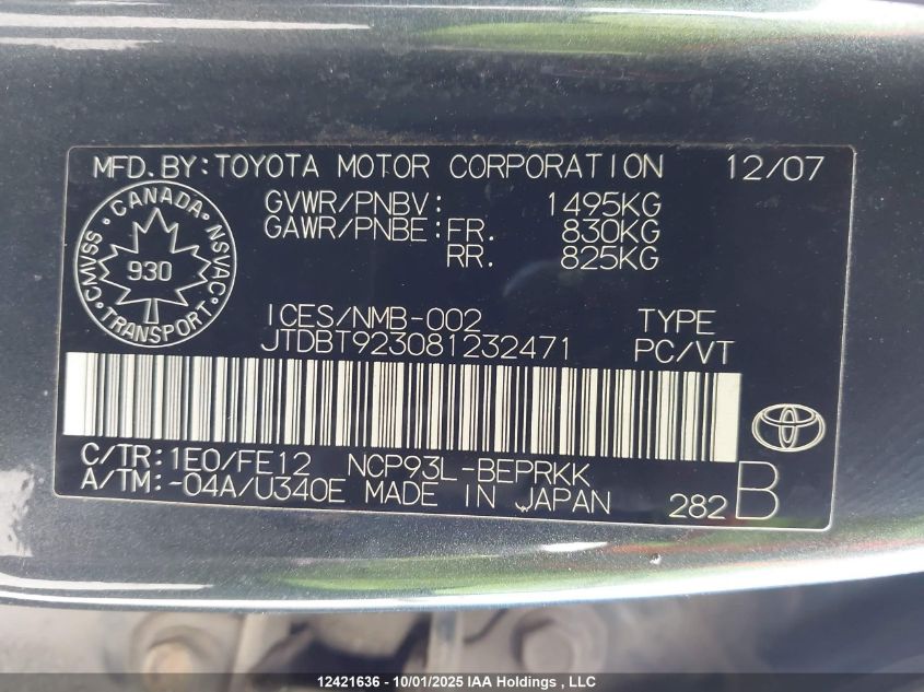 2008 Toyota Yaris VIN: JTDBT923081232471 Lot: 12421636