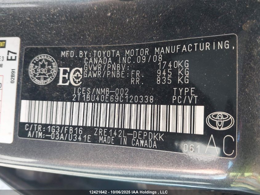 2009 Toyota Corolla S/Le/Xle VIN: 2T1BU40E69C120338 Lot: 12421642